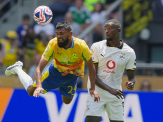 Mamelodi Sundowns' Keanu Cupido (left) and Borussia Dortmund's Serhou Guirassy (9) battle for the ball during the Club World Cup Group F soccer match between Mamelodi Sundowns and Borussia Dortmund in Cincinnati on June 21, 2025. (PHOTO / AP)
